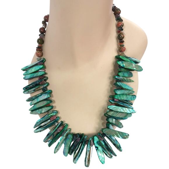 Abalone Shell Necklace Green Paua Artisan Unakite Stones Tribal Spike Statement - Picture 1 of 11